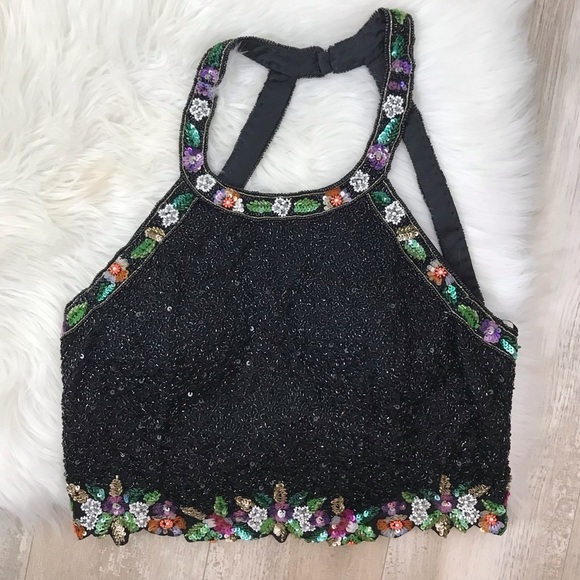 SHERRI HILL Black Two Piece Beaded Halter Top Floral Fringe Skirt Size 12 51476 - Picture 4 of 16